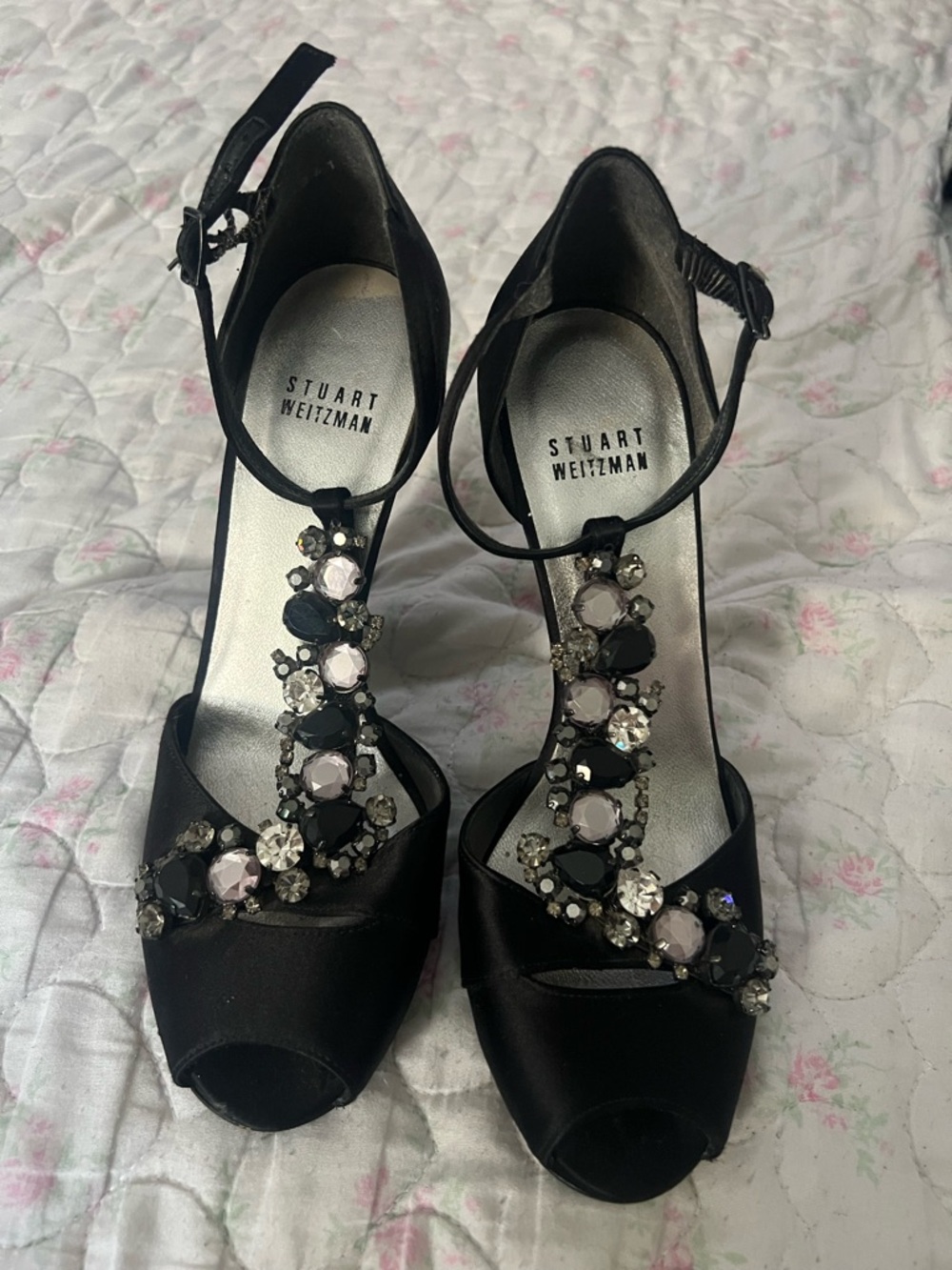 Stuart Weitzman Black Embellished T-Strap Evening Heels